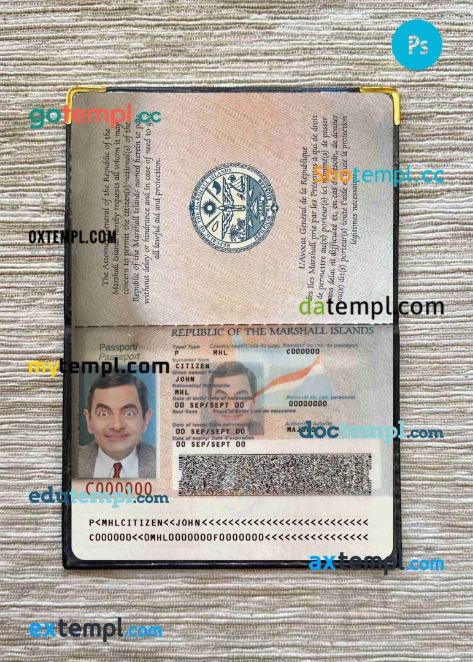 Marshall Islands passport editable PSD files, scan and photo look templates, 2 in 1