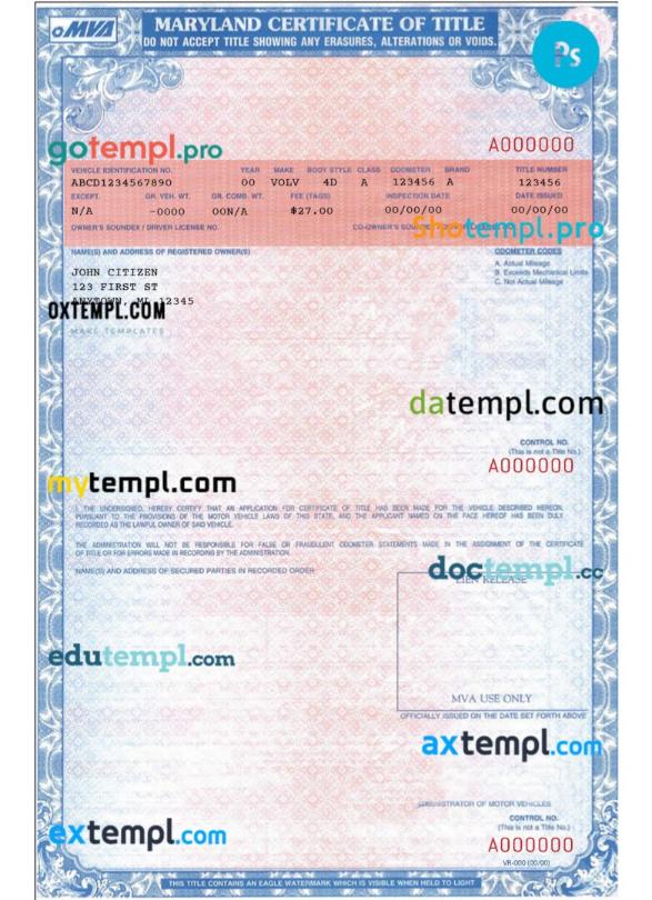 Maryland certificate of title of a vehicle (car title) template in PSD format, fully editable, front and back