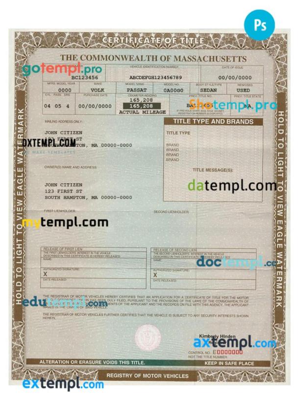 Massachusetts certificate of title of a vehicle (car title) template in PSD format, fully editable, front and back