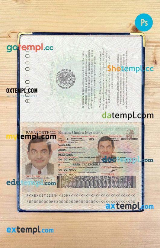 Mexico passport PSD files, editable scan and photo-realistic look sample, 2 in 1