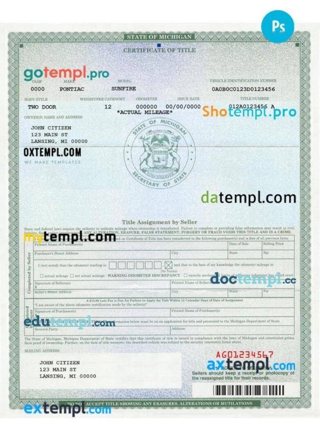 Michigan certificate of title of a vehicle (car title) template in PSD format, fully editable, front and back