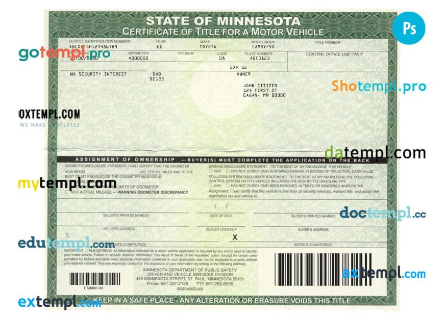 Minnesota certificate of title of a vehicle (car title) template in PSD format, fully editable, front and back