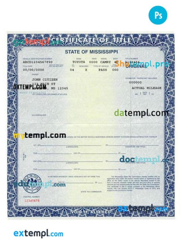 Mississippi certificate of title of a vehicle (car title) template in PSD format, fully editable, front and back