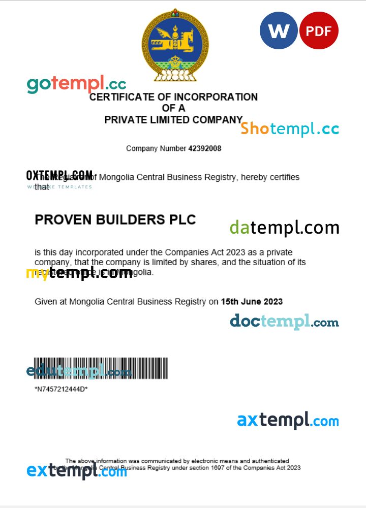 Mongolia business registration certificate Word and PDF template