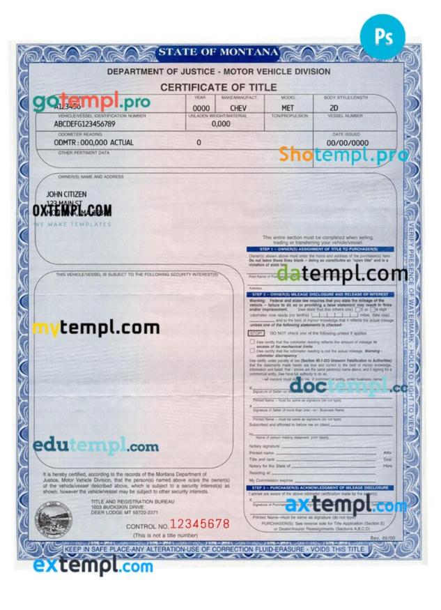 Montana certificate of title of a vehicle (car title) template in PSD format, fully editable, front and back