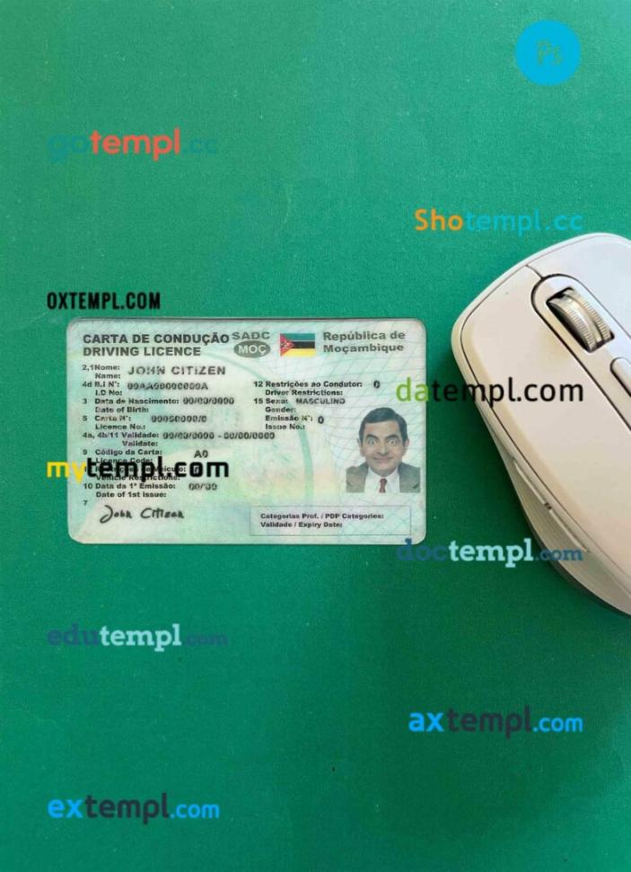 Mozambique driving license PSD files, scan look and photographed image, 2 in 1