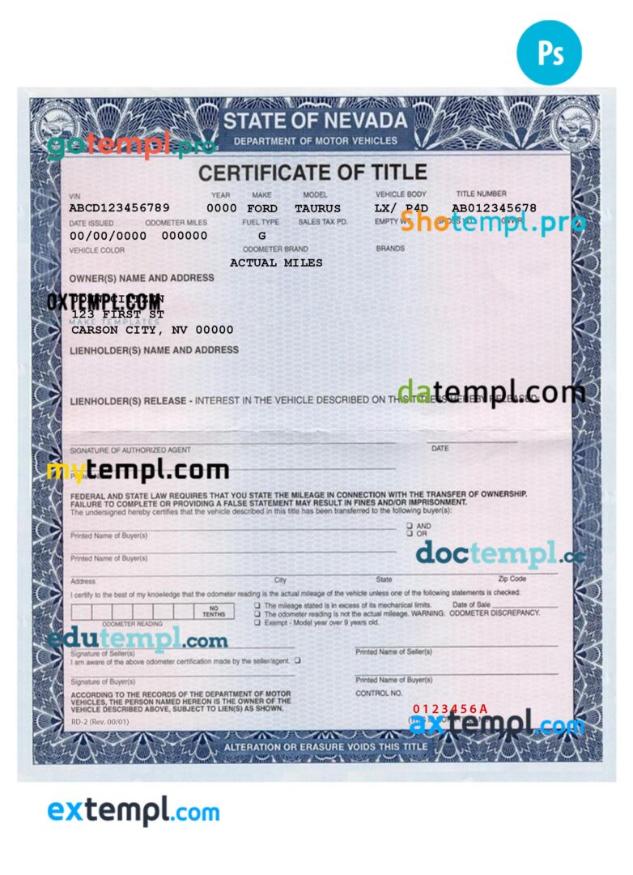 Nevada certificate of title of a vehicle (car title) template in PSD format, fully editable