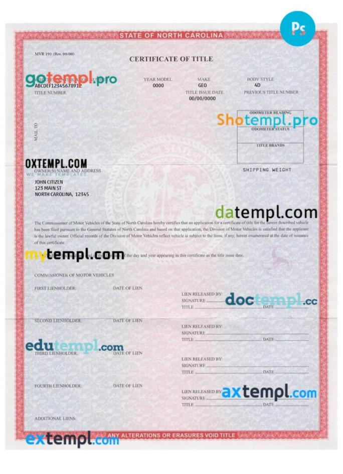 North Carolina certificate of title of a vehicle (car title) template in PSD format, fully editable, front and back