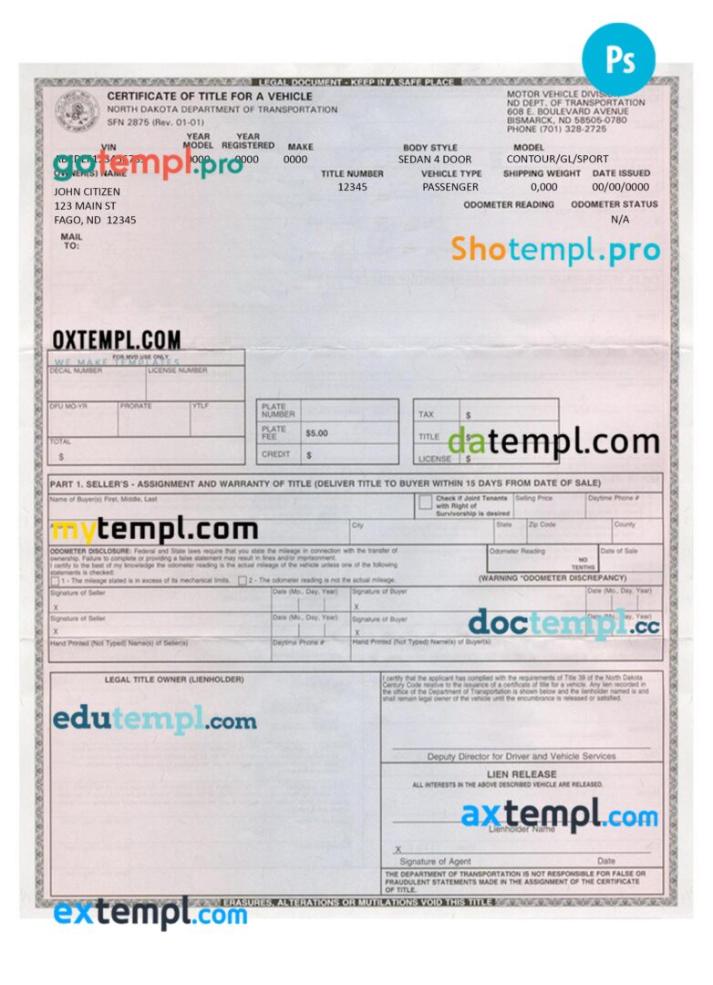 North Dakota certificate of title of a vehicle (car title) template in PSD format, fully editable, front and back