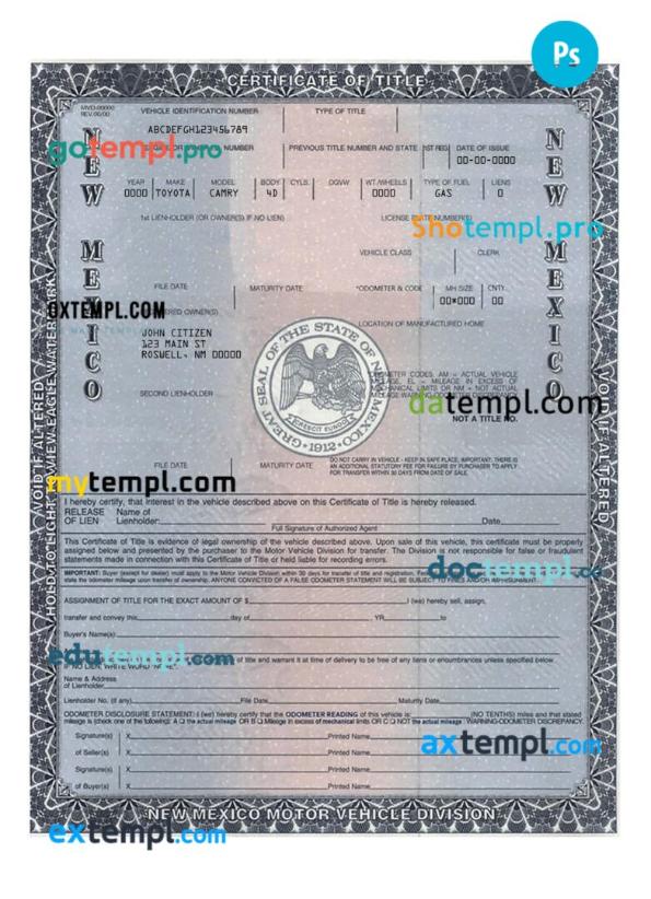 New Mexico certificate of title of a vehicle (car title) template in PSD format, fully editable