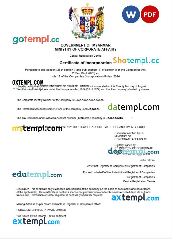 Belgium company registration certificate PSD template