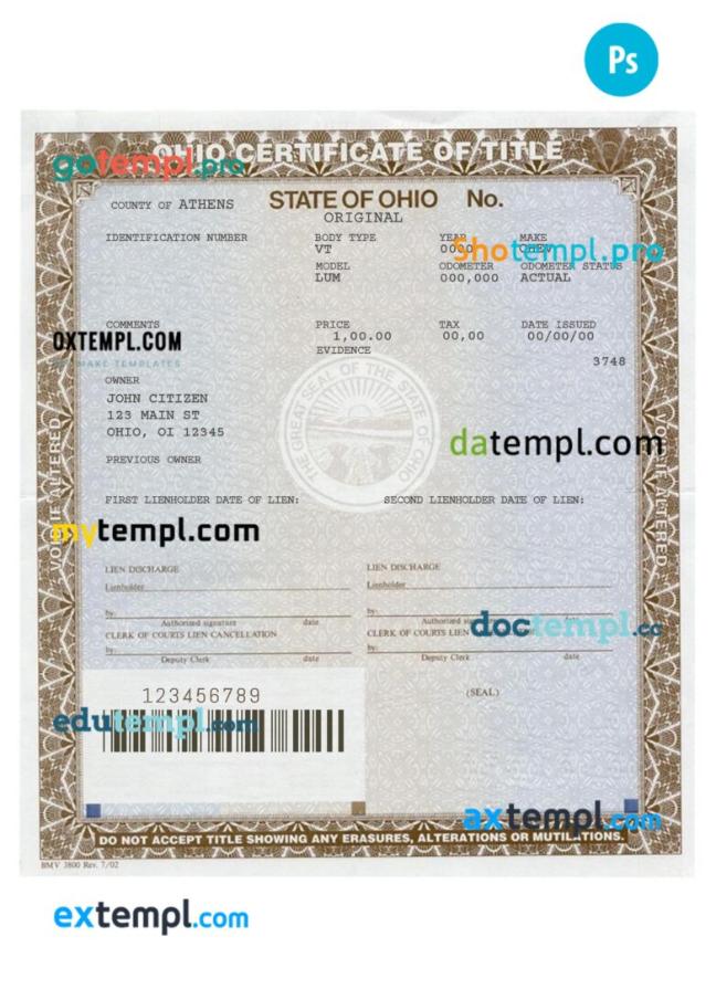 Ohio certificate of title of a vehicle (car title) template in PSD format, fully editable, front and back