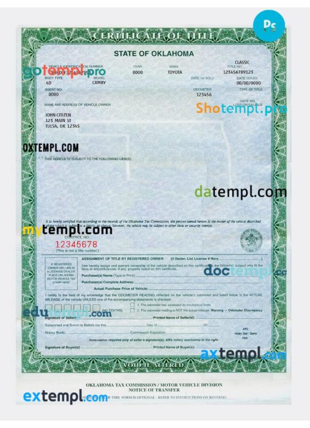 Oklahoma certificate of title of a vehicle (car title) template in PSD format, fully editable, front and back