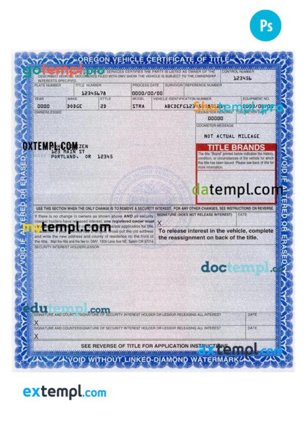 Oregon certificate of title of a vehicle (car title) template in PSD format, fully editable, front and back