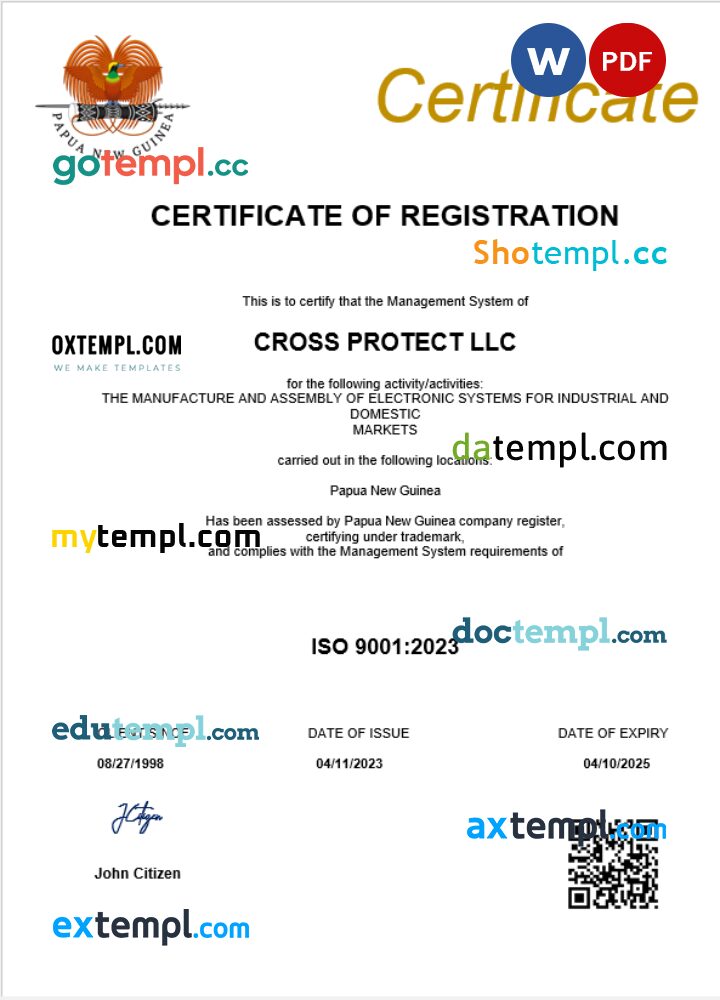 Papua New Guinea business registration certificate Word and PDF template