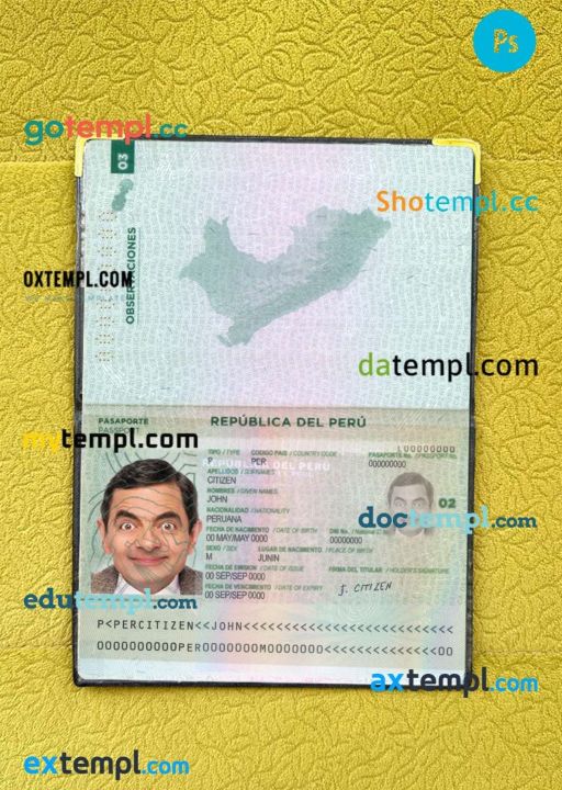 Peru passport PSD files, scan and photo look templates, 2 in 1