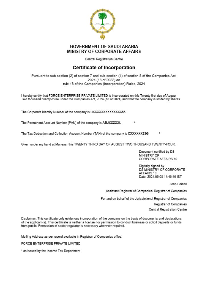 Saudi Arabia business registration certificate Word and PDF template