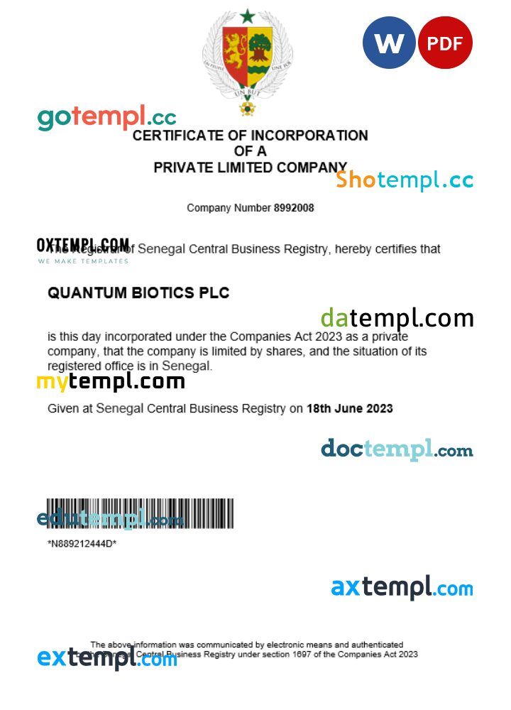 Seychelles business registration certificate Word and PDF template