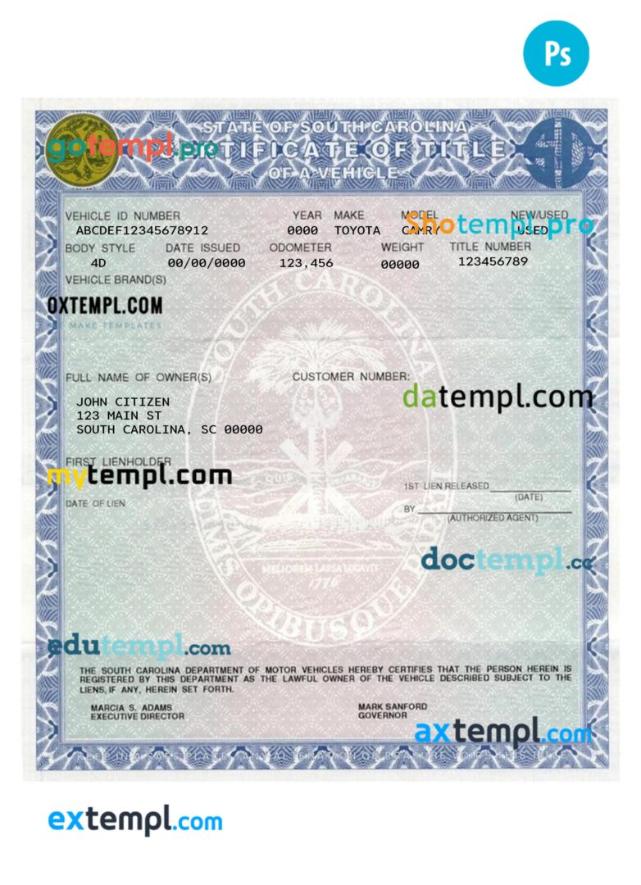 South Carolina certificate of title of a vehicle (car title) template in PSD format, fully editable, front and back