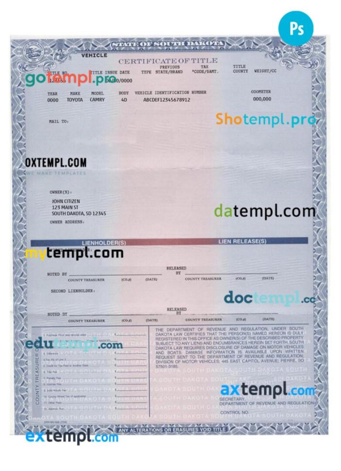 South Dakota certificate of title of a vehicle (car title) template in PSD format, fully editable, front and back