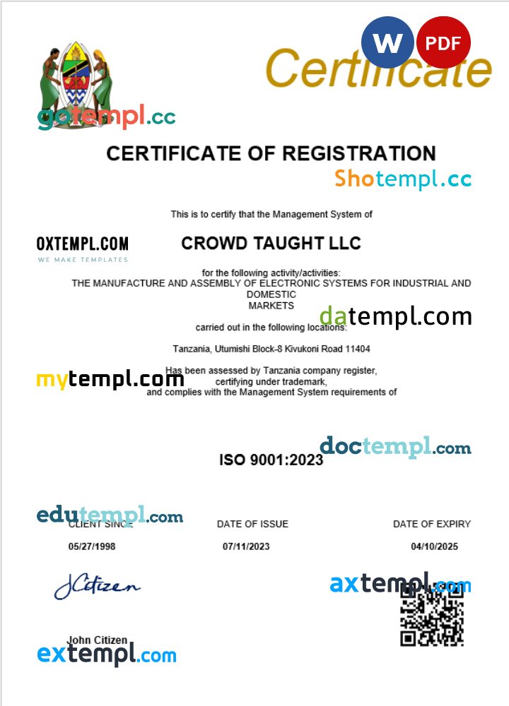 Tanzania business registration certificate Word and PDF template