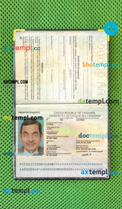 Tanzania passport editable PSD files, scan and photo look templates, 2 in 1