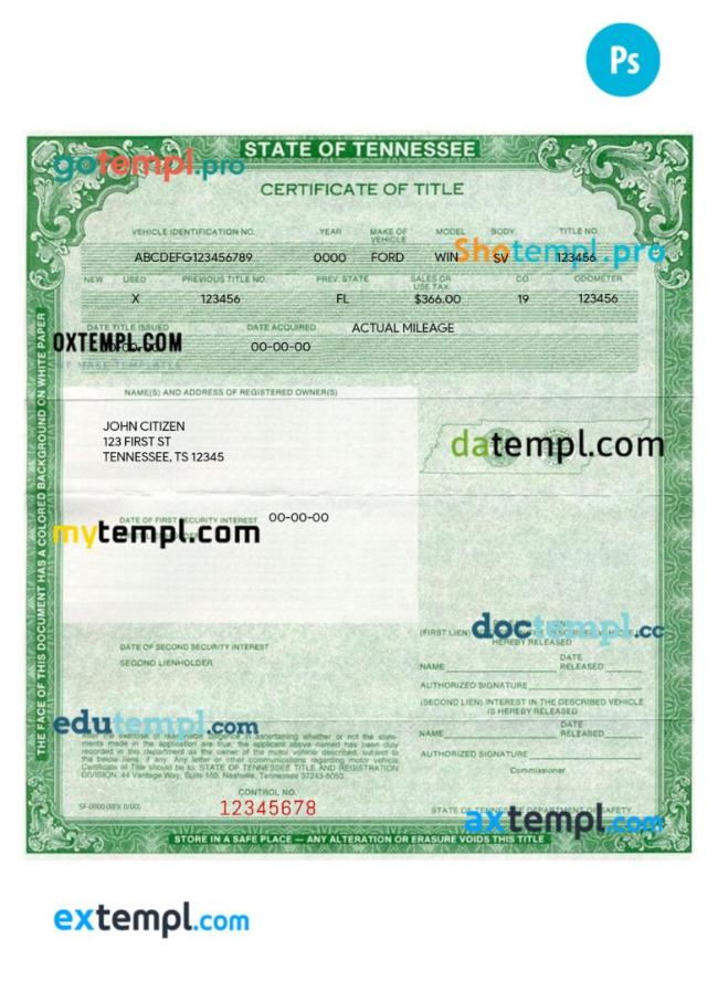 Tennessee certificate of title of a vehicle (car title) template in PSD format, fully editable