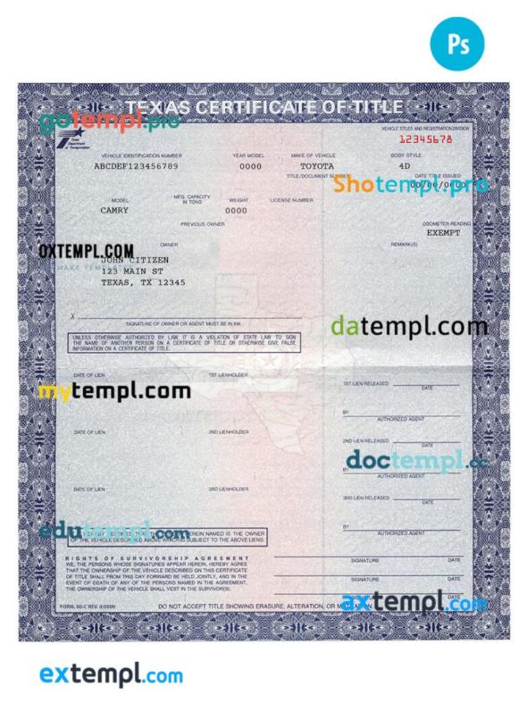 Texas certificate of title of a vehicle (car title) template in PSD format, fully editable