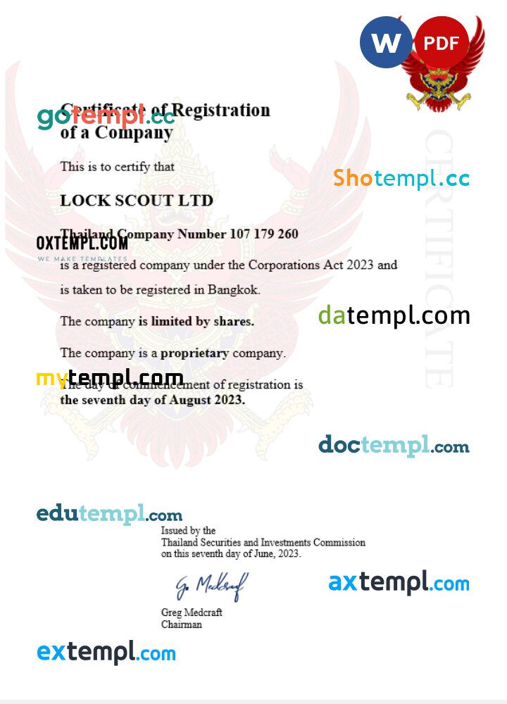 Thailand business registration certificate Word and PDF template