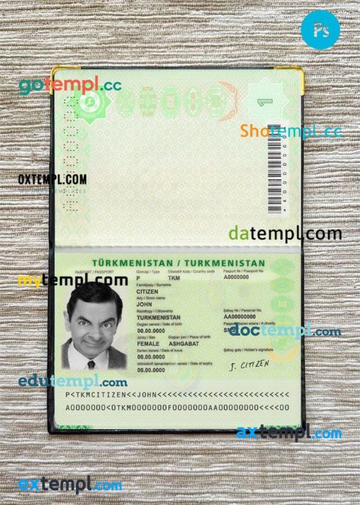 Turkmenistan passport editable PSD files, scan and photo look templates (2018-present), 2 in 1