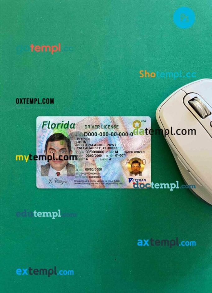 USA Florida driving license editable PSD files, scan look and photo-realistic look, 2 in 1