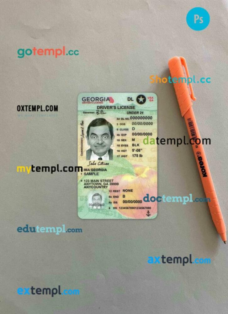 USA Georgia driving license editable PSD files, scan look and photo-realistic look, 2 in 1, under 21