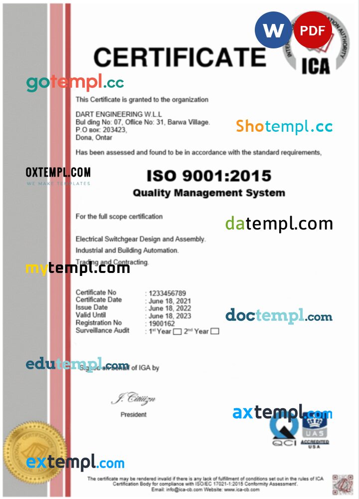 USA ICA certiificate of registration Word and PDF template