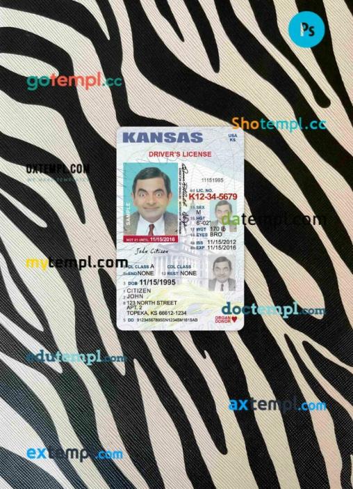 USA Kansas driving license PSD files, scan look and photographed image, 2 in 1, under 21