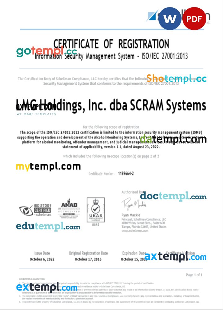 USA LMG certificate of registration Word and PDF template