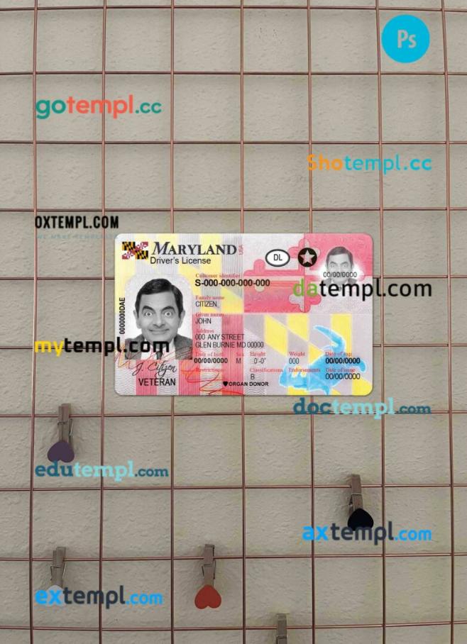 USA Maryland driving license PSD files, scan look and photographed image, 2 in 1 (2016-present)