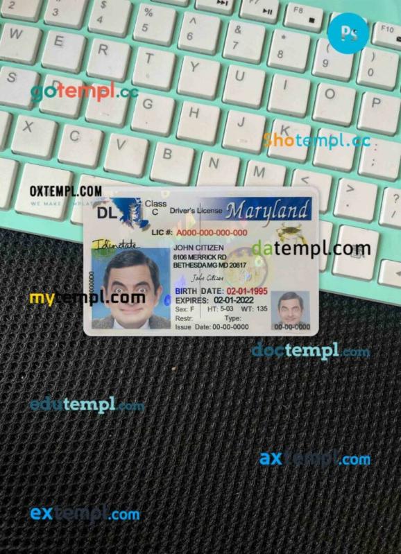 USA Maryland driving license editable PSD files, scan look and photo-realistic look, 2 in 1 (2003-2016)