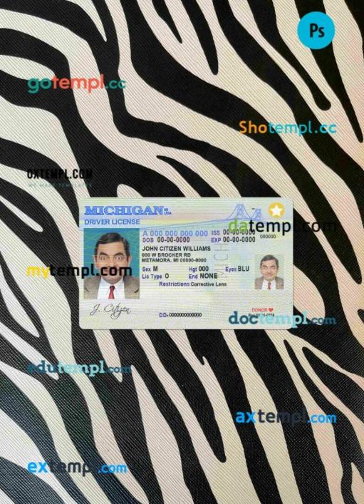 USA Michigan driving license PSD files, scan look and photographed image, 2 in 1