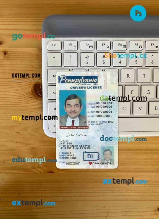 USA Pennsylvania driving license PSD files, scan look and photographed image, 2 in 1, under 21