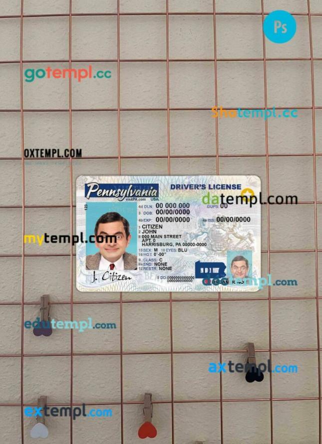 USA Pensylvania driving license PSD files, scan look and photographed image, 2 in 1