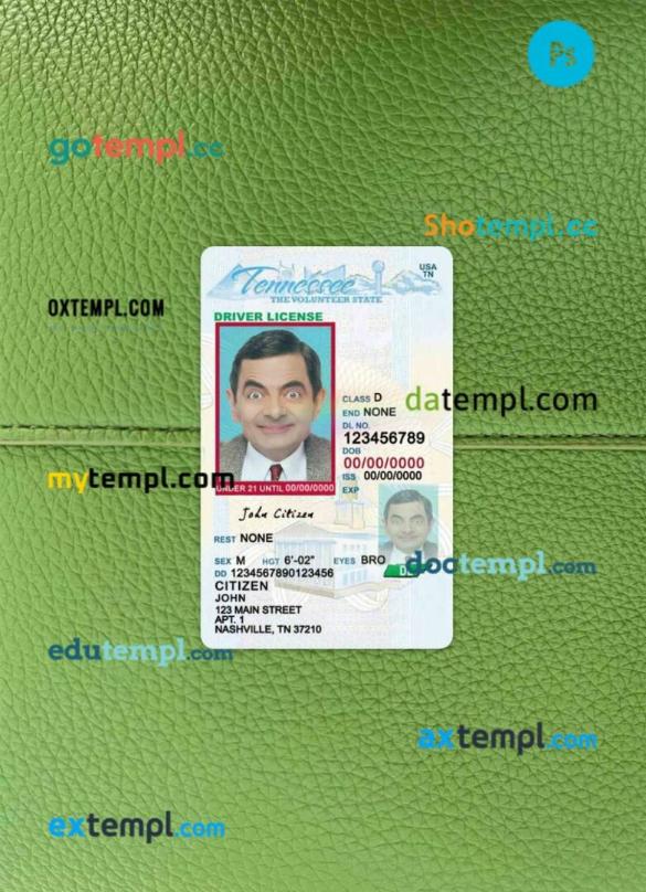 USA Tennessee driving license editable PSD files, scan look and photo-realistic look, 2 in 1, under 21