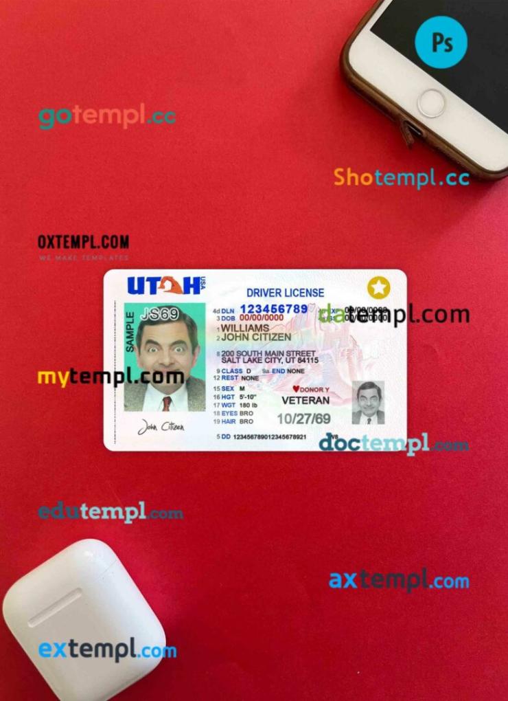 USA Utah driving license PSD files, scan look and photographed image, 2 in 1 (2021-present)