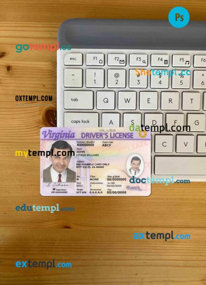 USA Virginia driving license editable PSD files, scan look and photo-realistic look, 2 in 1