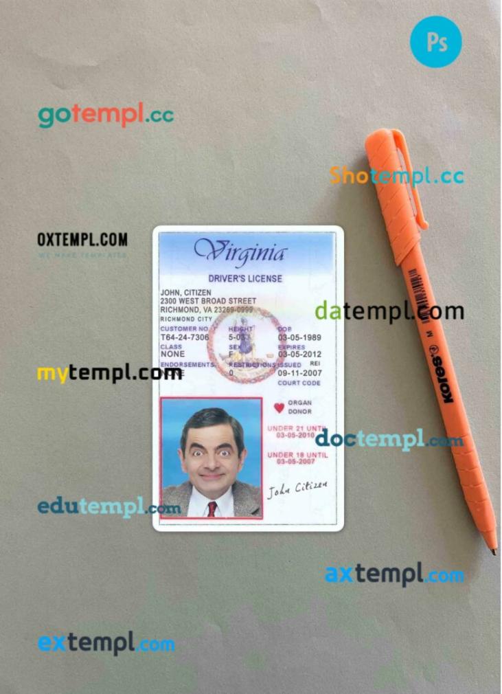 USA Virginia driving license editable PSD files, scan look and photo-realistic look, 2 in 1, under 21