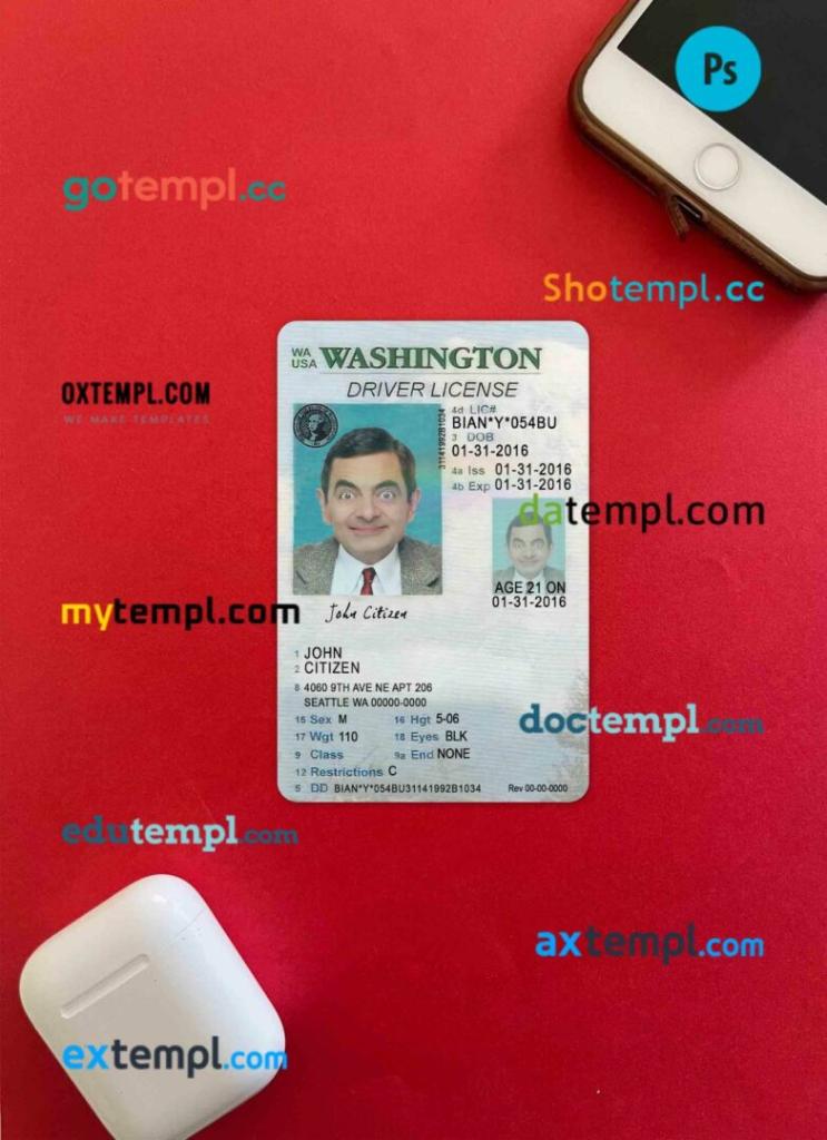 USA Washigton driving license PSD files, scan look and photographed image, 2 in 1, under 21