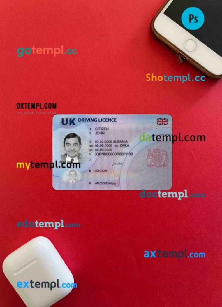 United Kingdom driving license PSD files, scan look and photographed image, 2 in 1 (after 2021 December-present)