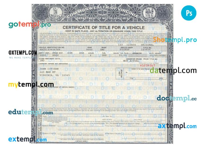 Virginia certificate of title of a vehicle (car title) template in PSD format, fully editable, front and back