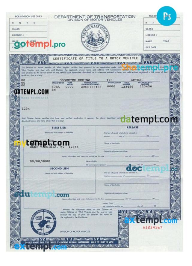 West Virginia certificate of title of a vehicle (car title) template in PSD format, fully editable, front and back