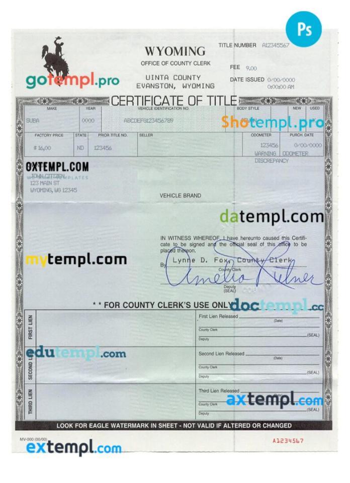 Wyoming certificate of title of a vehicle (car title) template in PSD format, fully editable, front and back