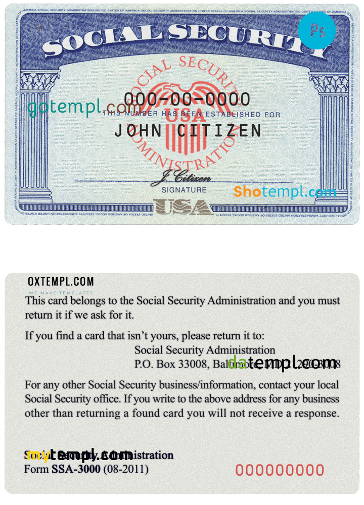 USA SSN (social security card, number) examples in PSD format